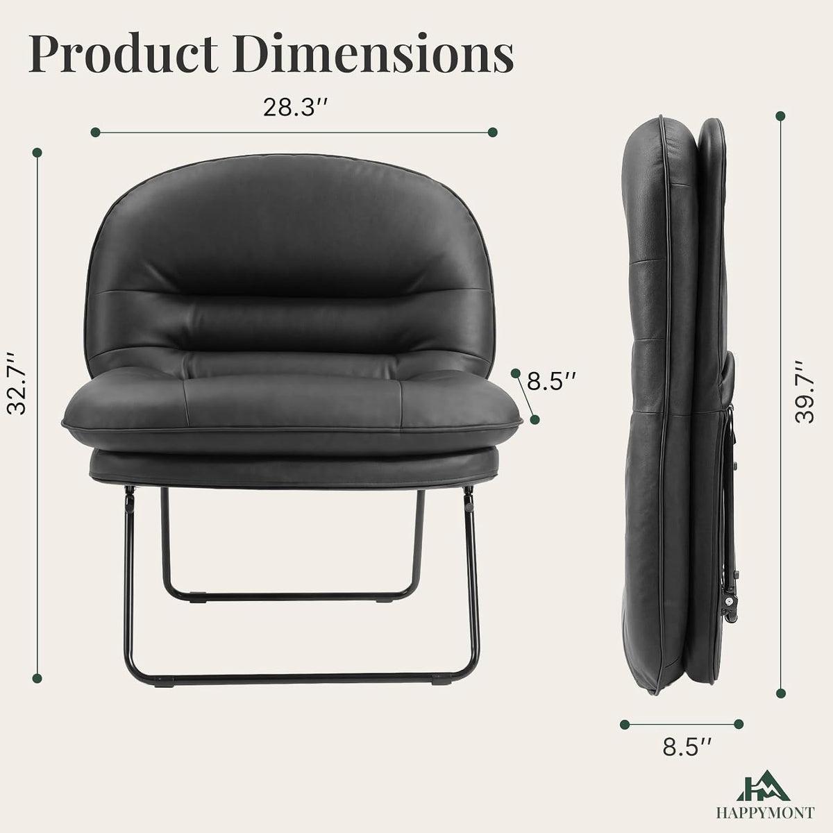 Saucer Chair, Small Foldable Floor Chair, PU Leather | Folding Adjustable Backrest, Bedroom, Living Room, Dorm, Small Spaces Apartment, Adults, Black