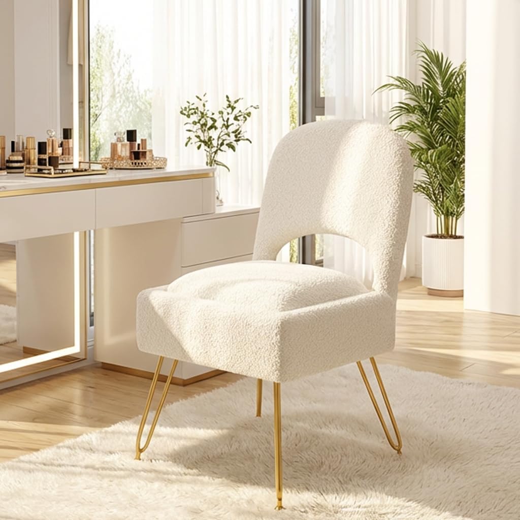 Vanity Stool with Storage & Folding Backrest, Cute White Faux Fur Makeup Stool Ottoman, Comfy Padded Chair for Bedroom, Adjustable Back & Plush Cushion Seat, 16.6" Wide 11L Storage Space
