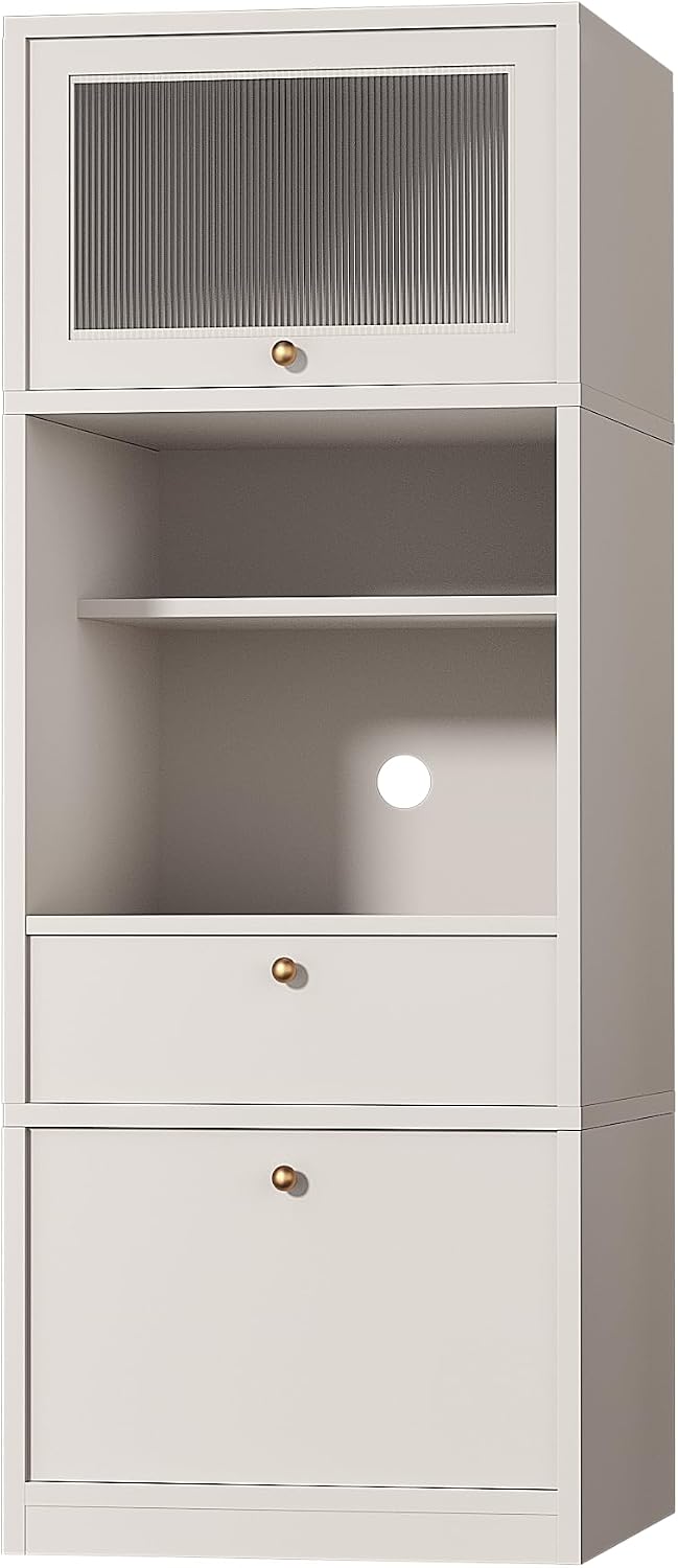 71" Tall Pantry Cabinet, Freestanding Storage Cabinet with Doors and Adjustable Shelves, Drawer and Anti-Tip Kit, E1-Grade Wood for Kitchen Pantry Bathroom Storage, Warm White