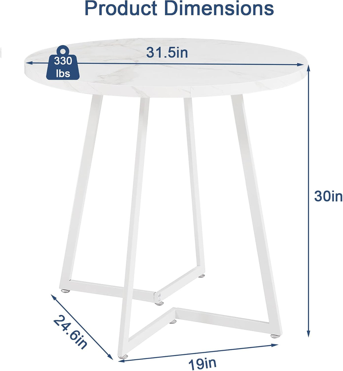 VECELO Round Dining Room Table with Wood Grain Tabletop and Steel Frame, for Kitchen, Living Room, Office, Conference, 2 to 4 Person, White Faux Marble