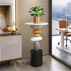 Stone-Shaped Side Table, Resin & Wood End Table, Sofa Side Table for Living Room, Bedroom, Modern Accent Table, Decorative Luck-Inspired Design(Small)