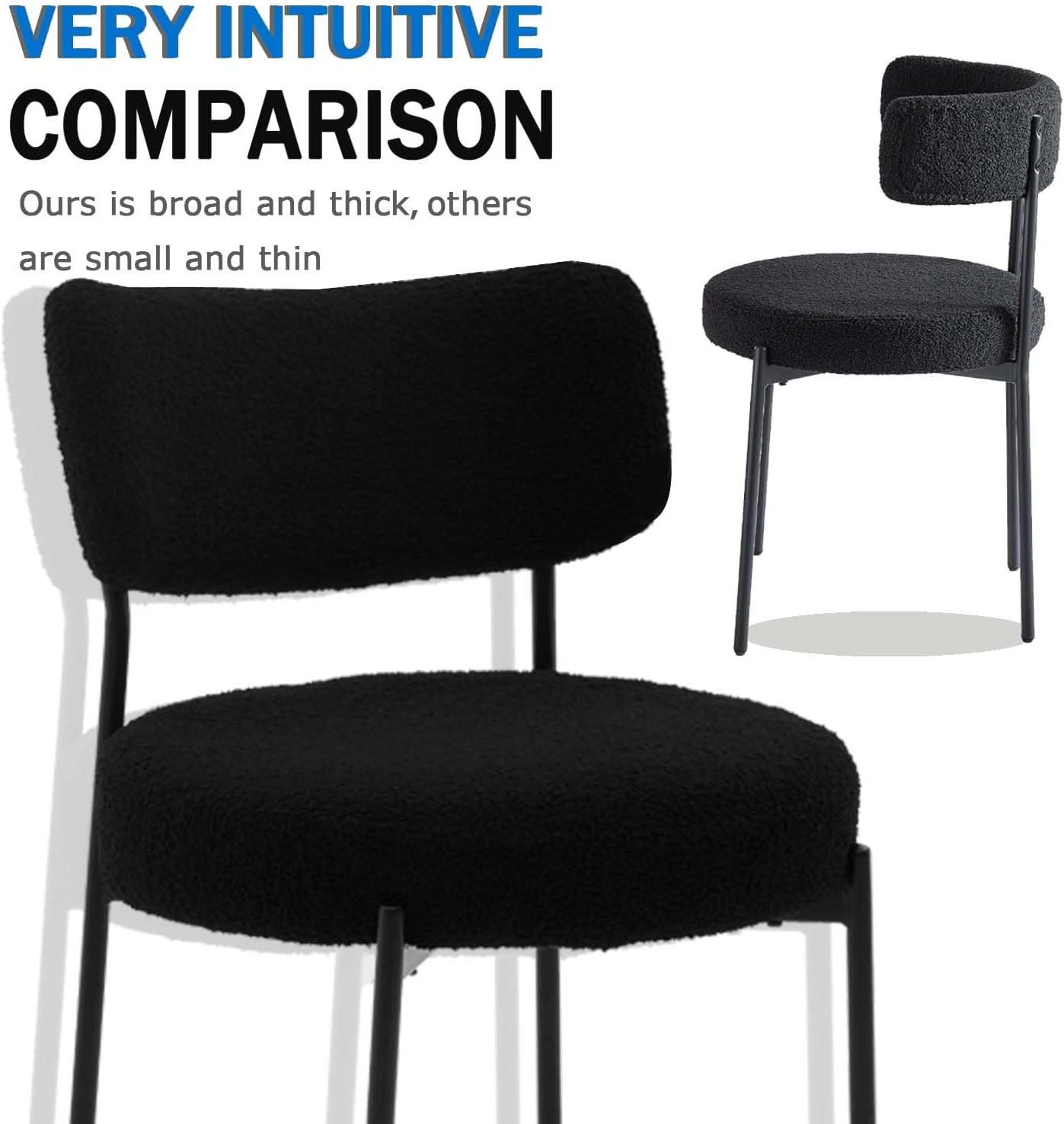 Boucle Dining Chair Set of 2, Mid Century Modern Upholstered Kitchen Chairs with Curved Backrest & Black Metal Legs, Round Dining Room Chairs, Black