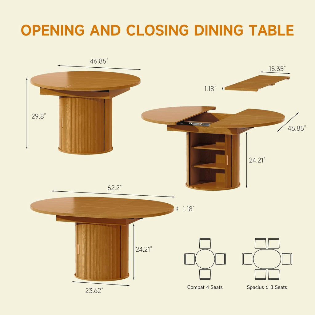 DHH 47"-63" Extendable Round Dining Table for 4–8 with Storage, Mid Century Modern Farmhouse Wood Oval Dinner Table with Pedestal Base for Kitchen, Living Room (Yellow Walnut)