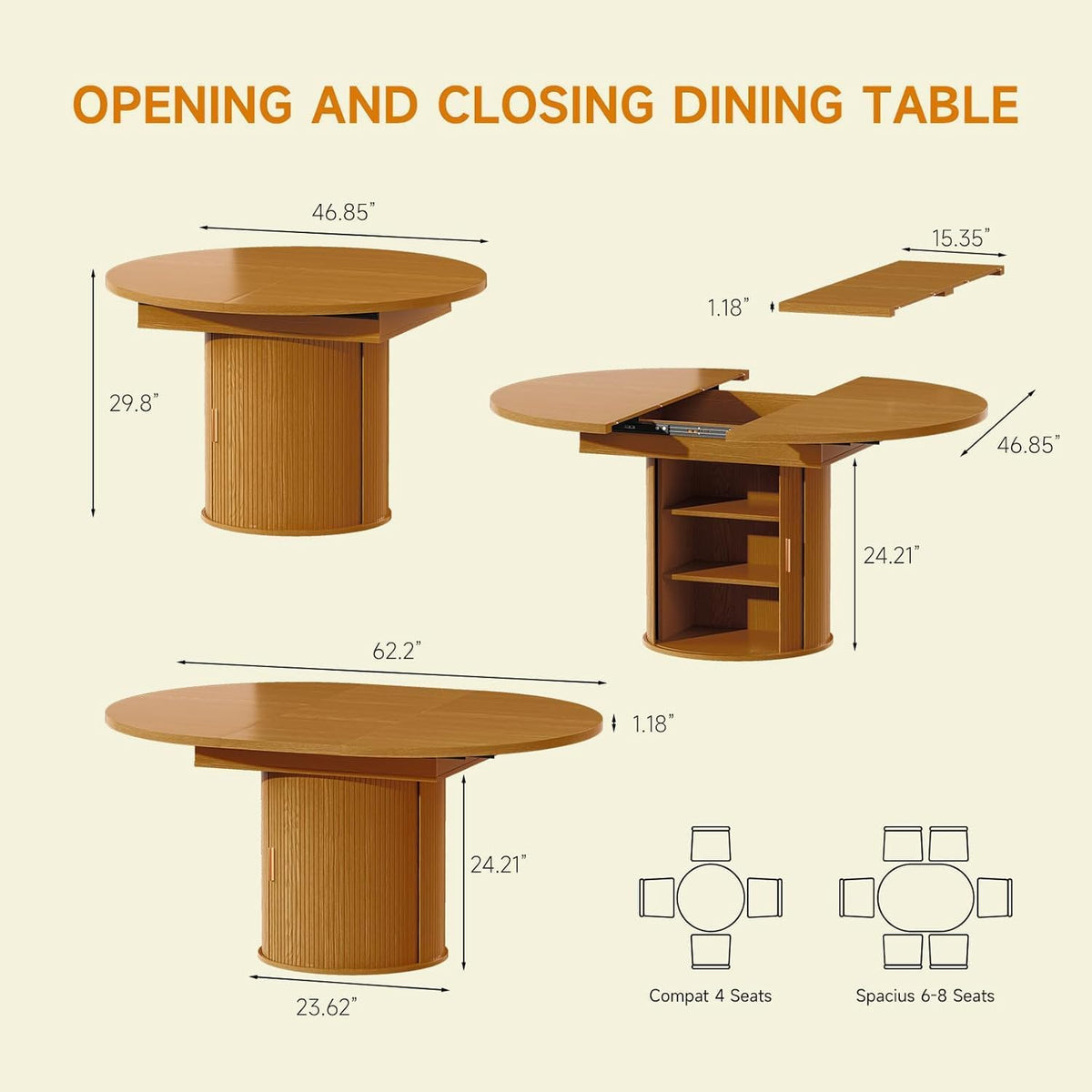 DHH 47"-63" Extendable Round Dining Table for 4–8 with Storage, Mid Century Modern Farmhouse Wood Oval Dinner Table with Pedestal Base for Kitchen, Living Room (Yellow Walnut)