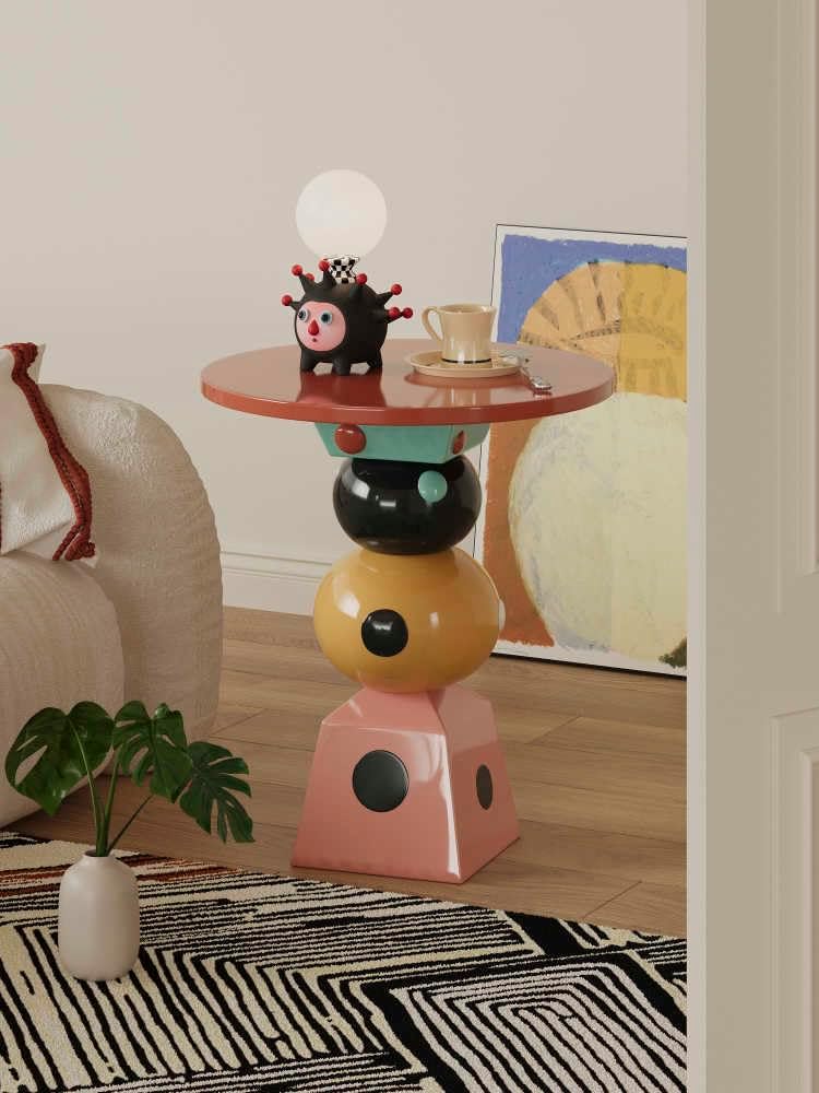 Colorful Stacked Side Table – Modern Memphis Style Geometric Accent Table, Playful Multi-Color Shapes for Bright Living Room Design