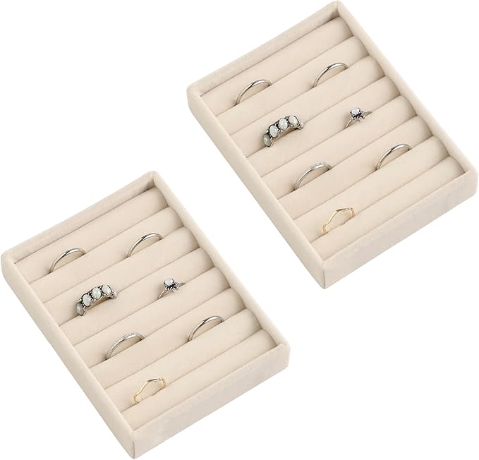 Frebeauty Small Jewelry Tray Set,Velvet Ring Organizer,Stackable Jewelry Organizer Tray,Mini Jewelry Drawer Organizer,4.92 x 3.74 x 0.9 Inches,7 Slots Ring Tray for Women(Set 2,Beige)