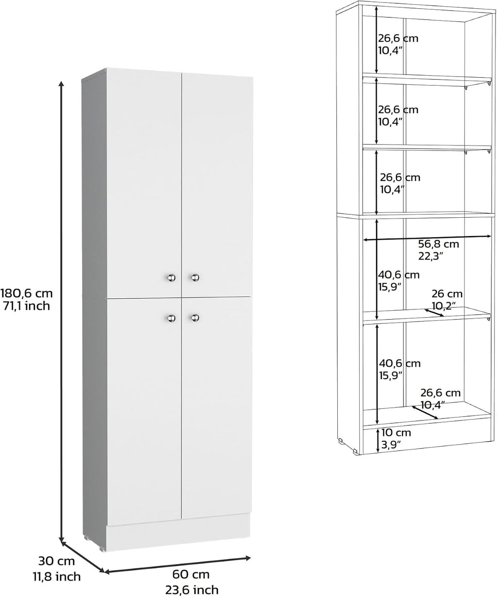 Kitchen Pantry 71" H, 4 Doors, 5 Adjustable Shelves, Laundry, White