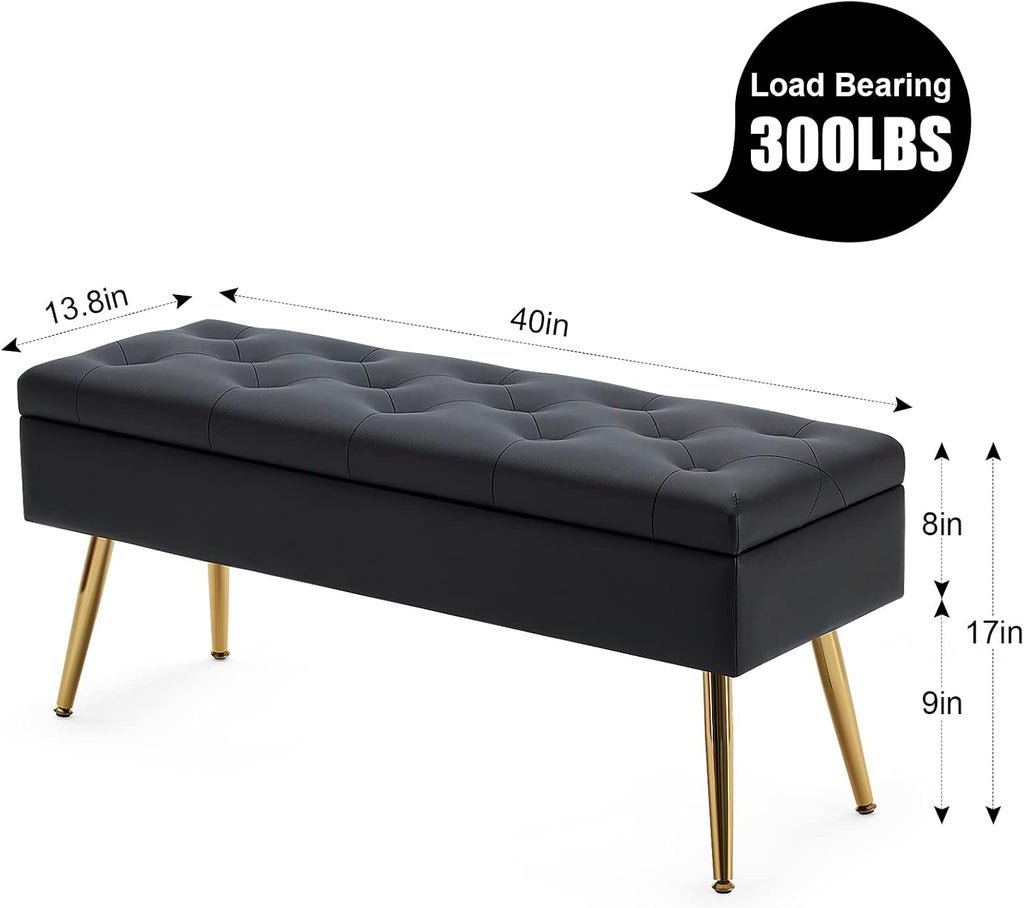 Gitrah Storage Bench Entryway Bench End of Bed Bench Ottoman Upholstered Faux Leather Bedroom Bench Tufted Bench with Golden Legs 40" Black Bench