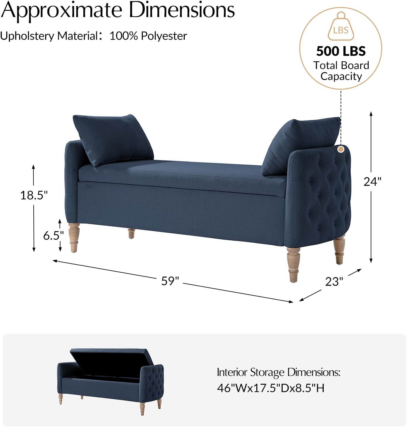 HULALA HOME Storage Bench for Bedroom with Throw Pillows, 59" Large Bedroom Ottoman Bench with Solid Wood Frame, Comfy Upholstered Footstool with Flip-top for Living Room, Entryway, Indigo
