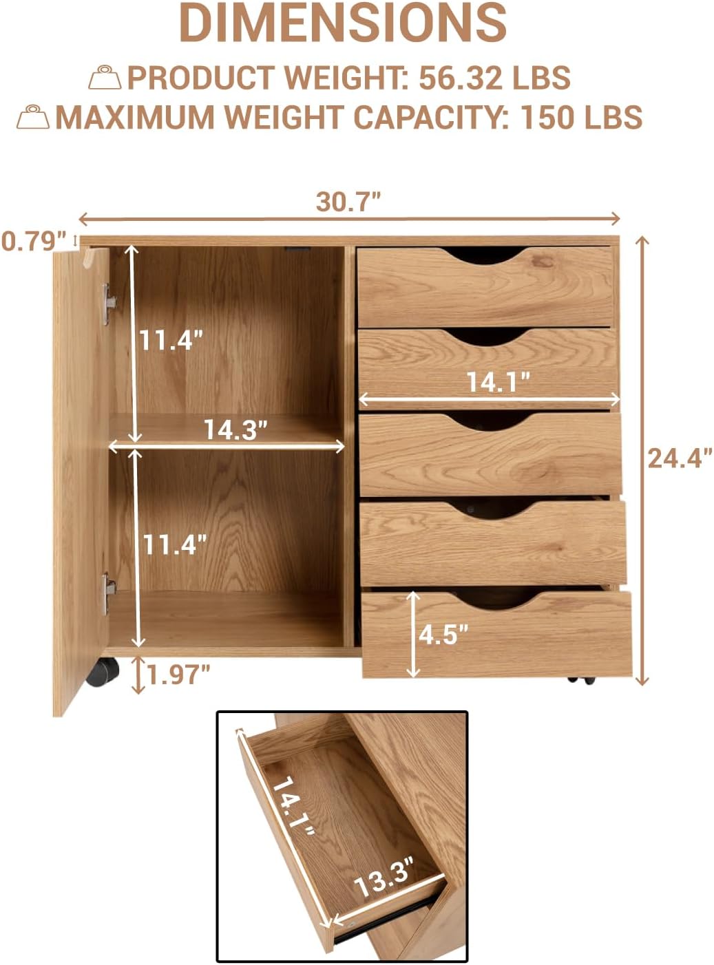 Naomi Home Amy 5-Drawer Rolling Storage Cabinet with Shelves - Natural | 5 Spacious Drawers • Storage Cabinet With 2 Shelves • Smooth-Rolling Casters • Spacious Tabletop • Modern Space-Saving Design