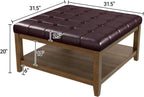 ABHENG 31.5" Large Square Storage Ottoman, Upholstery Solid Rubberwood Coffee Couch Table with Open Shelf, Foot Stool Load up to 330lb, Sythetic Leather Brown UASND67R