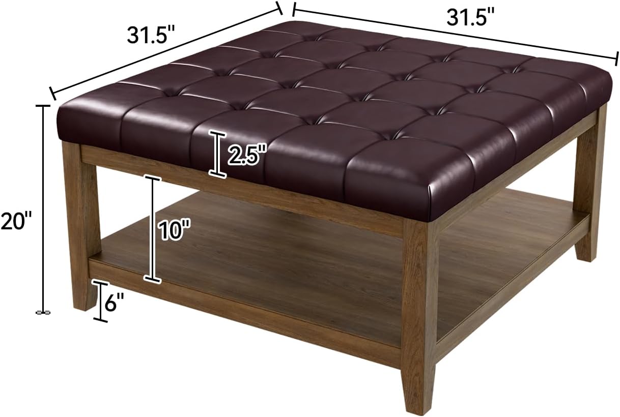 ABHENG 31.5" Large Square Storage Ottoman, Upholstery Solid Rubberwood Coffee Couch Table with Open Shelf, Foot Stool Load up to 330lb, Sythetic Leather Brown UASND67R