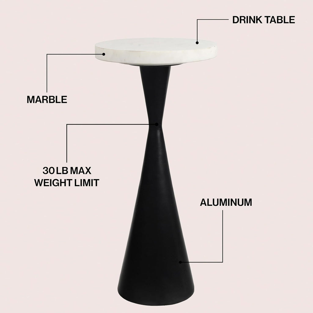 Eyely DNE4003B Liv 22" Designer Metal Drink Table and Decorative End Table w/White Marble Round Top and Cone Pedestal Base for Living Room, Bedroom, Antique Black
