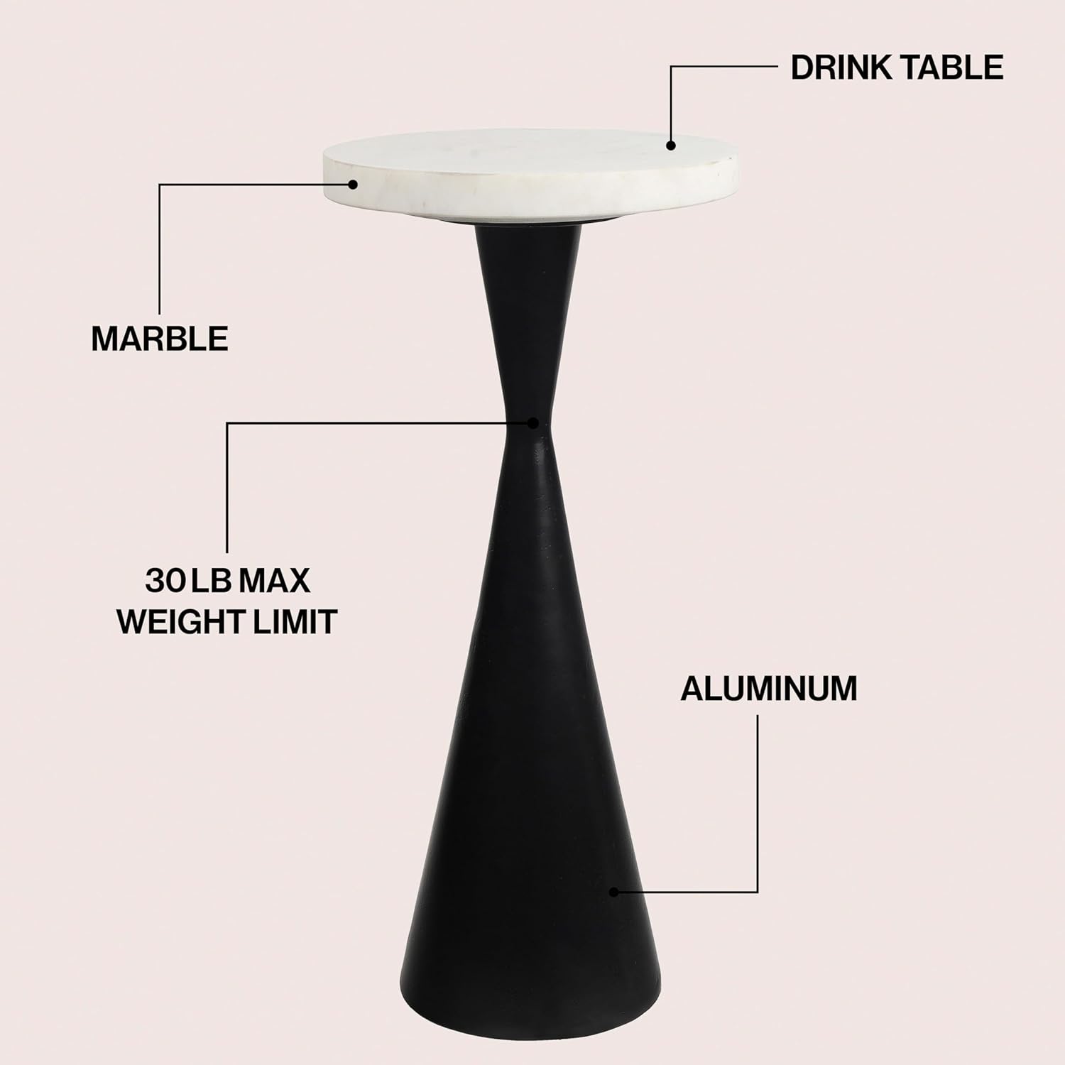 Eyely DNE4003B Liv 22" Designer Metal Drink Table and Decorative End Table w/White Marble Round Top and Cone Pedestal Base for Living Room, Bedroom, Antique Black