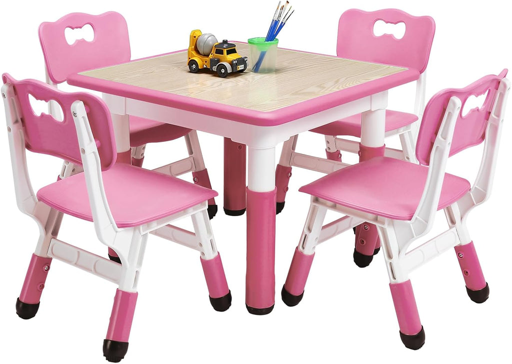 Kids Table and Chairs, Height Adjustable Toddler and 4 Chair, Multi-Activity with Graffiti Desktop Non-Slip Legs for Ages 2-10, Children Activity for Daycare, Classroom, Home