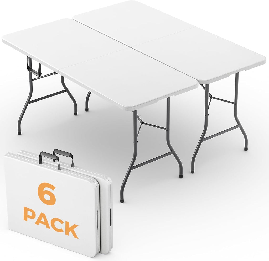 6FT Folding Table 6 Pack, Heavy Duty Fold in Half Plastic Tables with Carry Handle, Portable Indoor Outdoor Utility Table for Party, Picnic, Camping, Banquet, Wedding, RV Travel