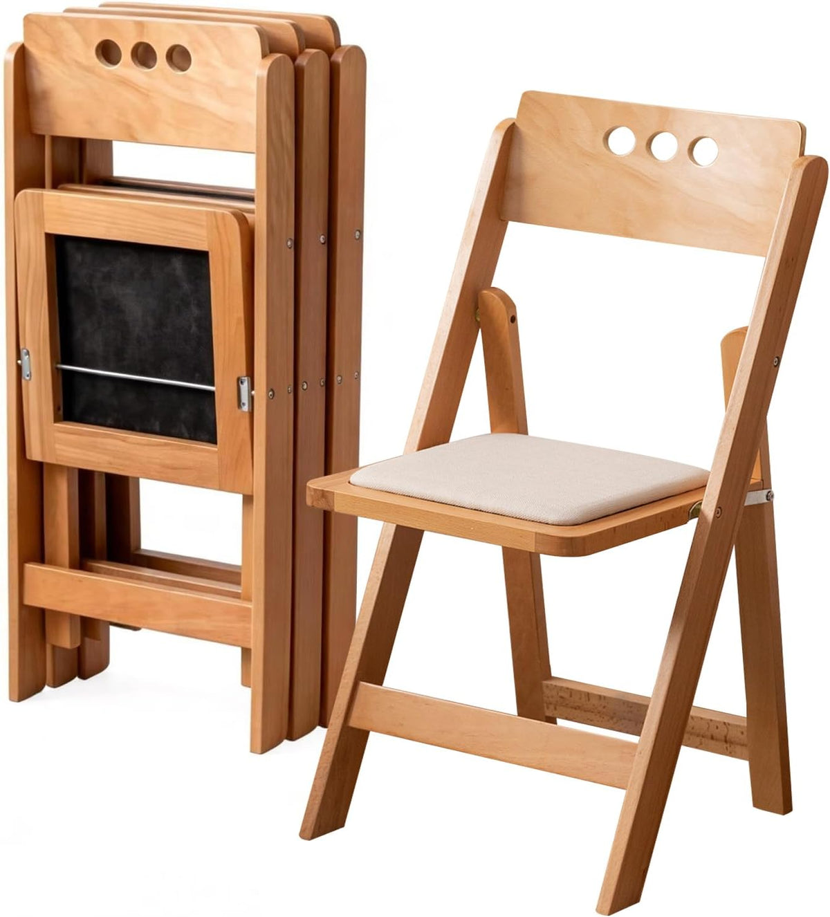 Wooden Folding Chair, Round Hole backrest,Natural Color,Set of 4 | Wooden folding chair with soft cushion, durable comfy, no assembly, ideal for home, wedding, banquet and indoor activities