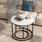 aboxoo Round Nesting Coffee Table Side Table Set of 2 End Tables for Living Room Bedroom Balcony, White Faux Marble Wooden Table Accent Coffee Table with Black Steel Frame