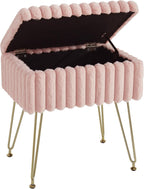 EBENCHICO Vanity Stool Chair with Storage, Faux Fur Stools for Vanity | Makeup Ottoman, Foot Stool, with 4 Metal Legs, Adjustable Feet, Small Vanity Bench, for Living Room Bedroom, Pink