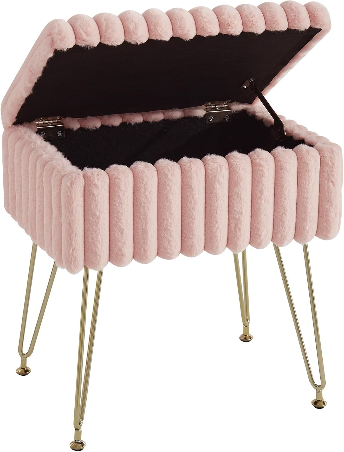 EBENCHICO Vanity Stool Chair with Storage, Faux Fur Stools for Vanity | Makeup Ottoman, Foot Stool, with 4 Metal Legs, Adjustable Feet, Small Vanity Bench, for Living Room Bedroom, Pink