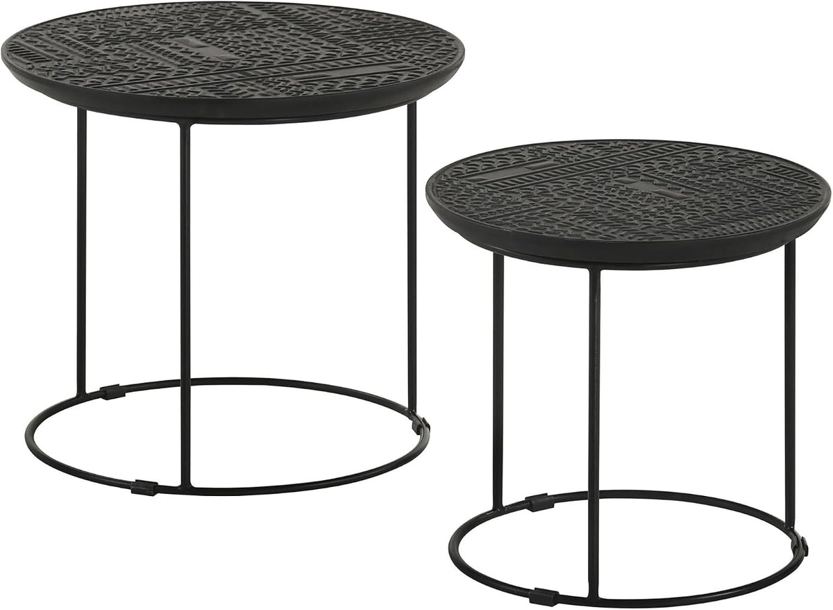 20" Sturdy Metal Frame Nesting Coffee Table, Boo Coffee Table with Embossed Tribal Pattern, Nesting Side Tables with Mango Wood top for Modern Indoor Spaces, Black