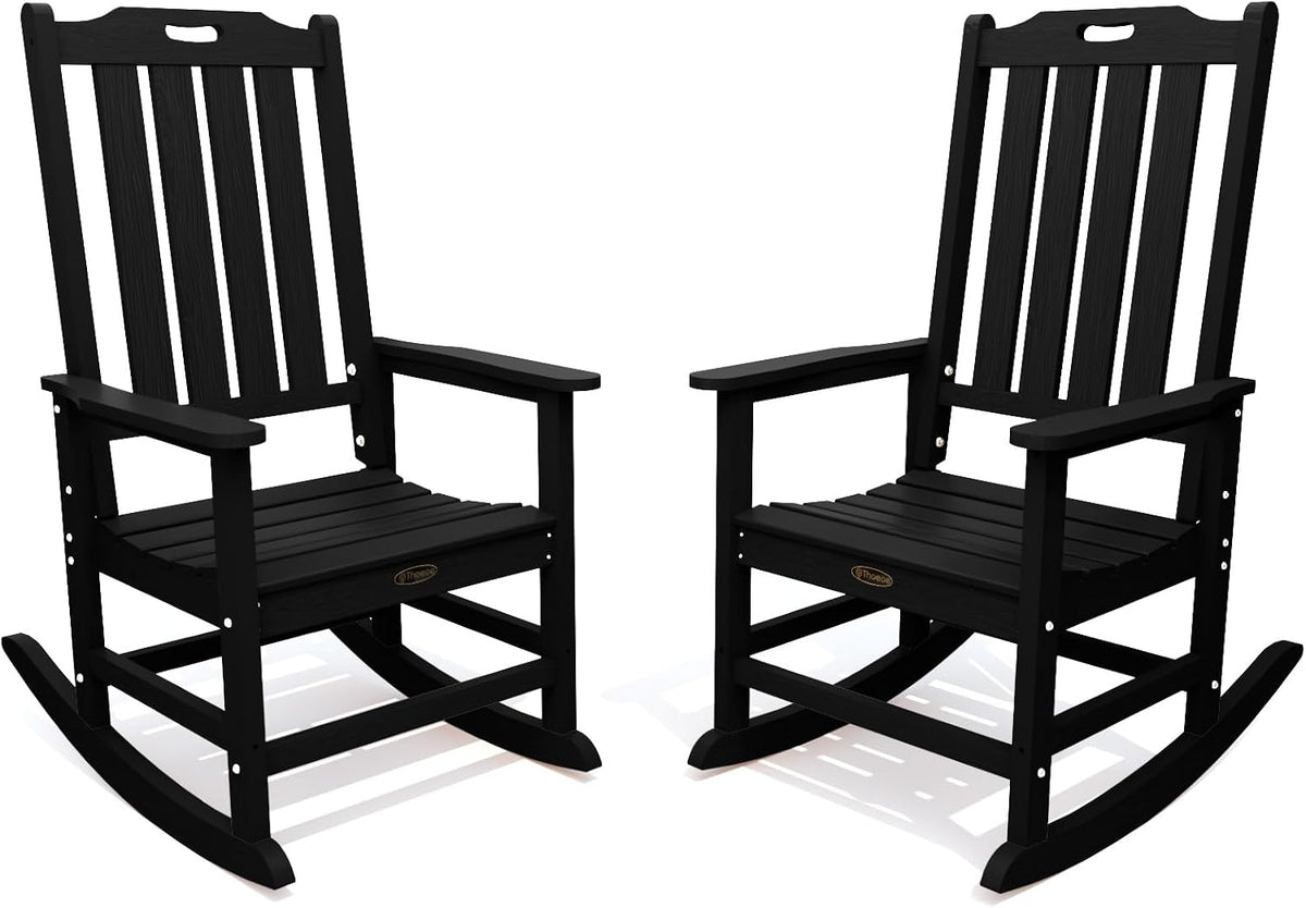 THOEOE Outdoor Rocking Chairs Set of 2, Oversized Patio Rocking Chair | HDPE Outdoor Rockers for Front Porch, Patio, Backyard, Balcony and Garden. All-Weather High Back Design, Black