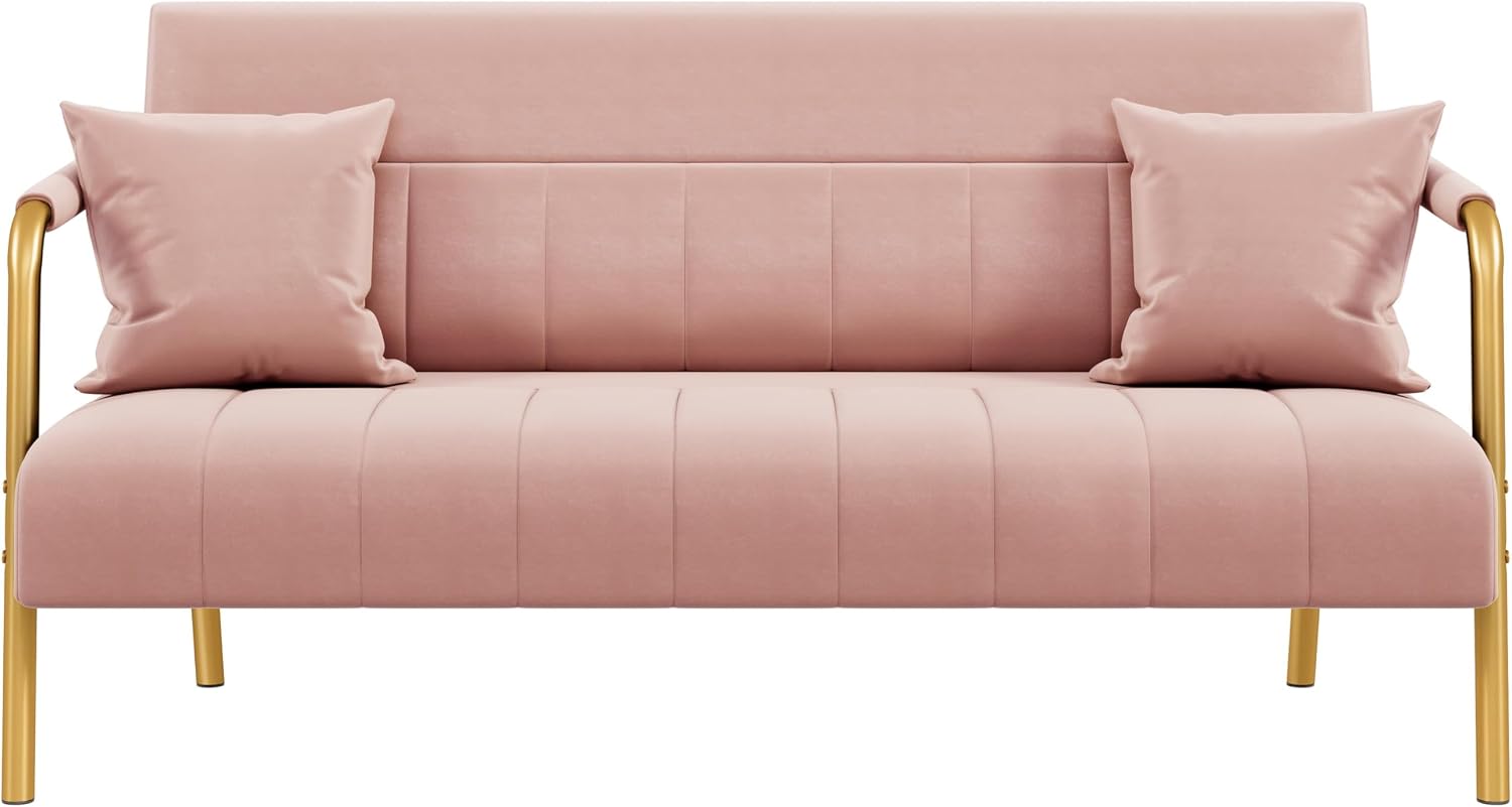 Yaheetech 56.5" Smal Sofa 2 Seater Couch with Gold-Tone Legs, Pink | Small Sofa Loveseat Velve 2 Seater Couch with Tufted Back Gold Metal Frame 2 Pillows for Office, Studio,Living Room