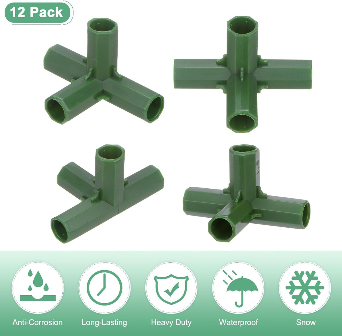 12 Pcs 11mm Greenhouse Frame Building Connectors, 4 Way Right Angle Pipe Fitting for Grape Trellis/Sunscreen Shed/Gardening Plant Stakes, Greenhouse Accessories [Green]