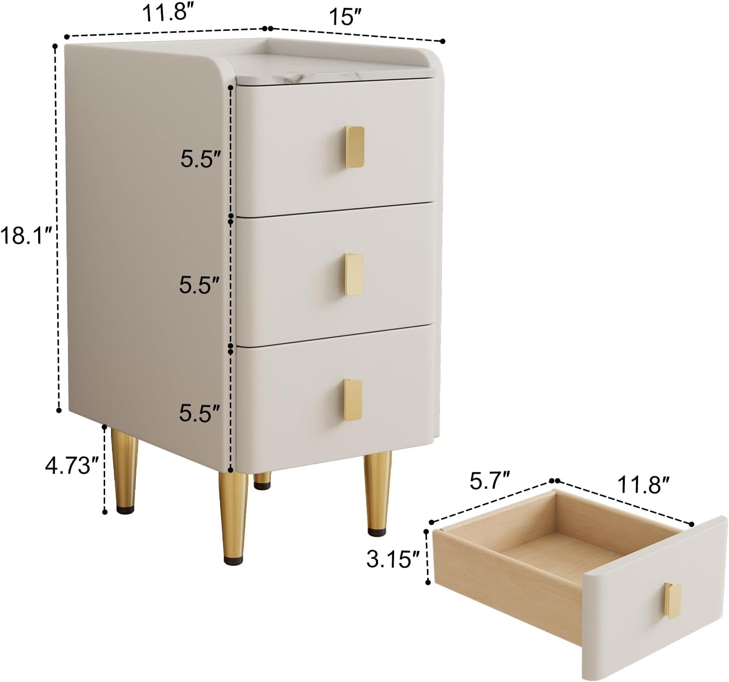 AQIMUELE Narrow Nightstand with Drawers, Narrow Side Table Leather, Small Bedside Tables for Bedroom. (White)