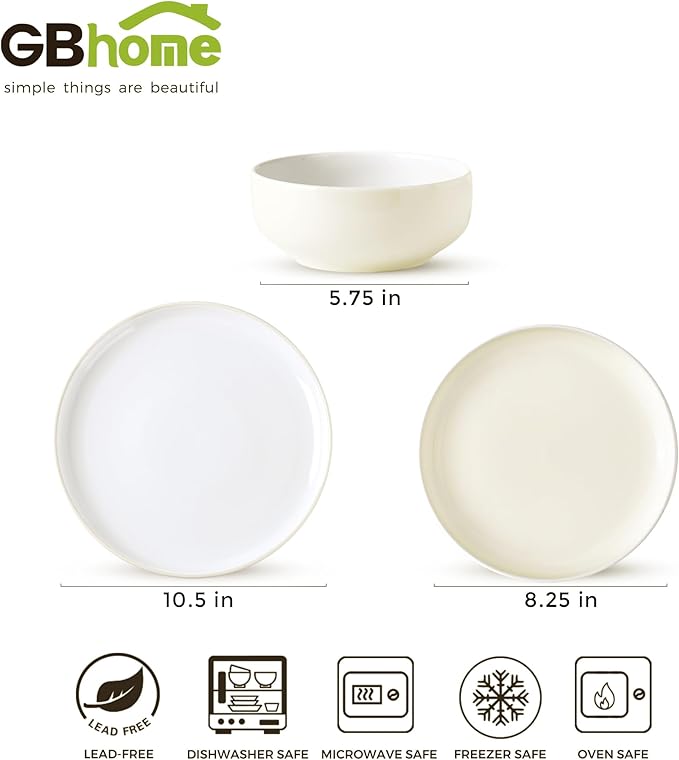 GBHOME 12 Pieces Ceramic Dinnerware Set, Modern White Dish Set for 4，Scratch Resistant Smooth Plates and Bowls Sets，Oven Safe，Microwave & Dishwasher