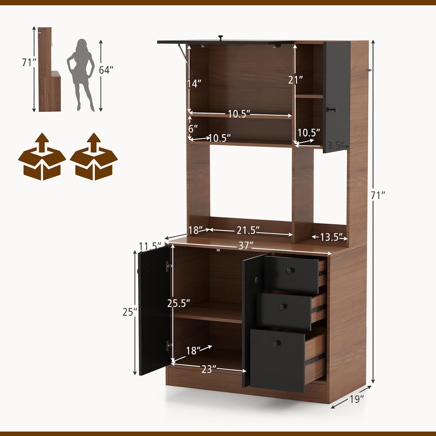 71" Large Kitchen Pantry Cabinet with Microwave Shelf, Wooden Tall Pantry Hutch with 3 Drawers, Adjustable Shelves, Farmhouse Kitchen Hutch Storage Cabinet for Dining Room (Walnut)