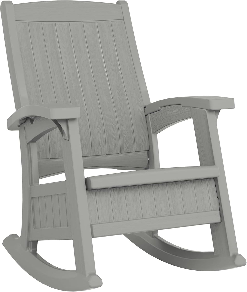 Suncast Outdoor Patio Rocking Chair with Under-Seat Storage, Stylish Faux Wood Outdoor Rocker for Patios, Dove Gray, Made in the USA