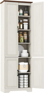 Function Home Farmhouse Kitchen Pantry Cabinet, 72" Tall Storage Cabinet with Doors and Adjustable Shelves, 6 Tier Freestanding Cupboard for Dining Room Living Room Bathroom, Antique White & Brown Top