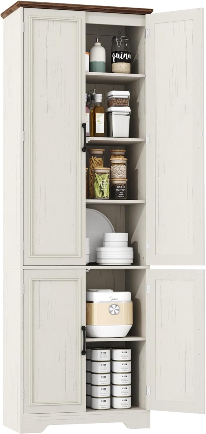 Function Home Farmhouse Kitchen Pantry Cabinet, 72" Tall Storage Cabinet with Doors and Adjustable Shelves, 6 Tier Freestanding Cupboard for Dining Room Living Room Bathroom, Antique White & Brown Top