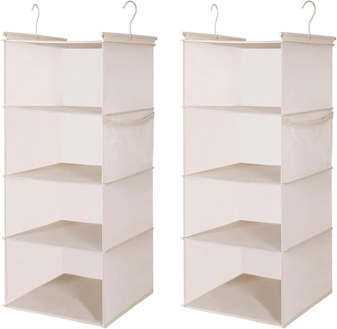 MAX Houser 4 Tier Shelf Hanging Closet Organizer, Closet Hanging Shelf with 2 Sturdy Hooks for Storage,2 Pack, Foldable (Beige)