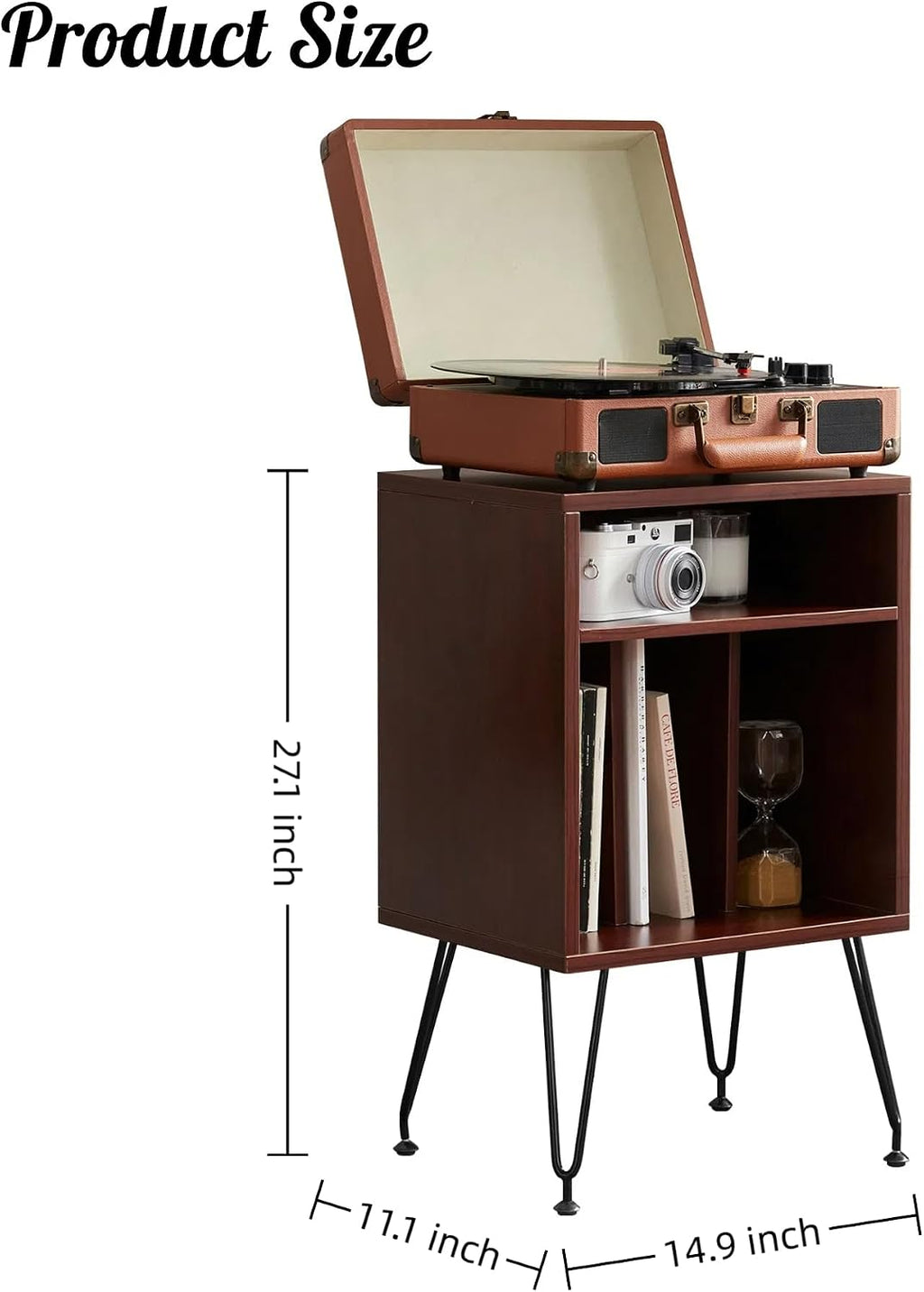 FONTOI Record Player Stand with Storage Space, Turntable Stand Record Player Cabinet with Adjustable Feet, End Table with Metal Legs for Living Room, Bedroom, Brown
