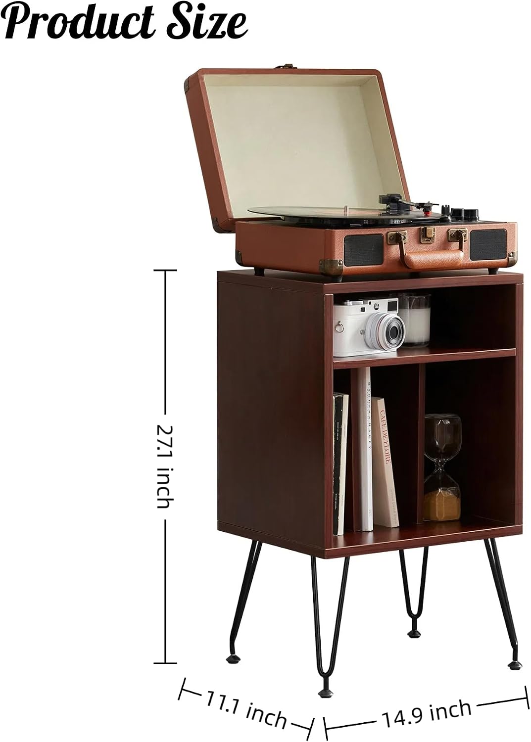 FONTOI Record Player Stand with Storage Space, Turntable Stand Record Player Cabinet with Adjustable Feet, End Table with Metal Legs for Living Room, Bedroom, Brown