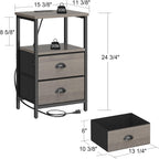 sthmec Nightstand with Charging Station, LED Night Stand Set of 2, Bedside Table End Table with Drawer, Bedroom Tables with 2 Fabric Drawers, 3-Tier Storage Side Table for Bedroom,Grey