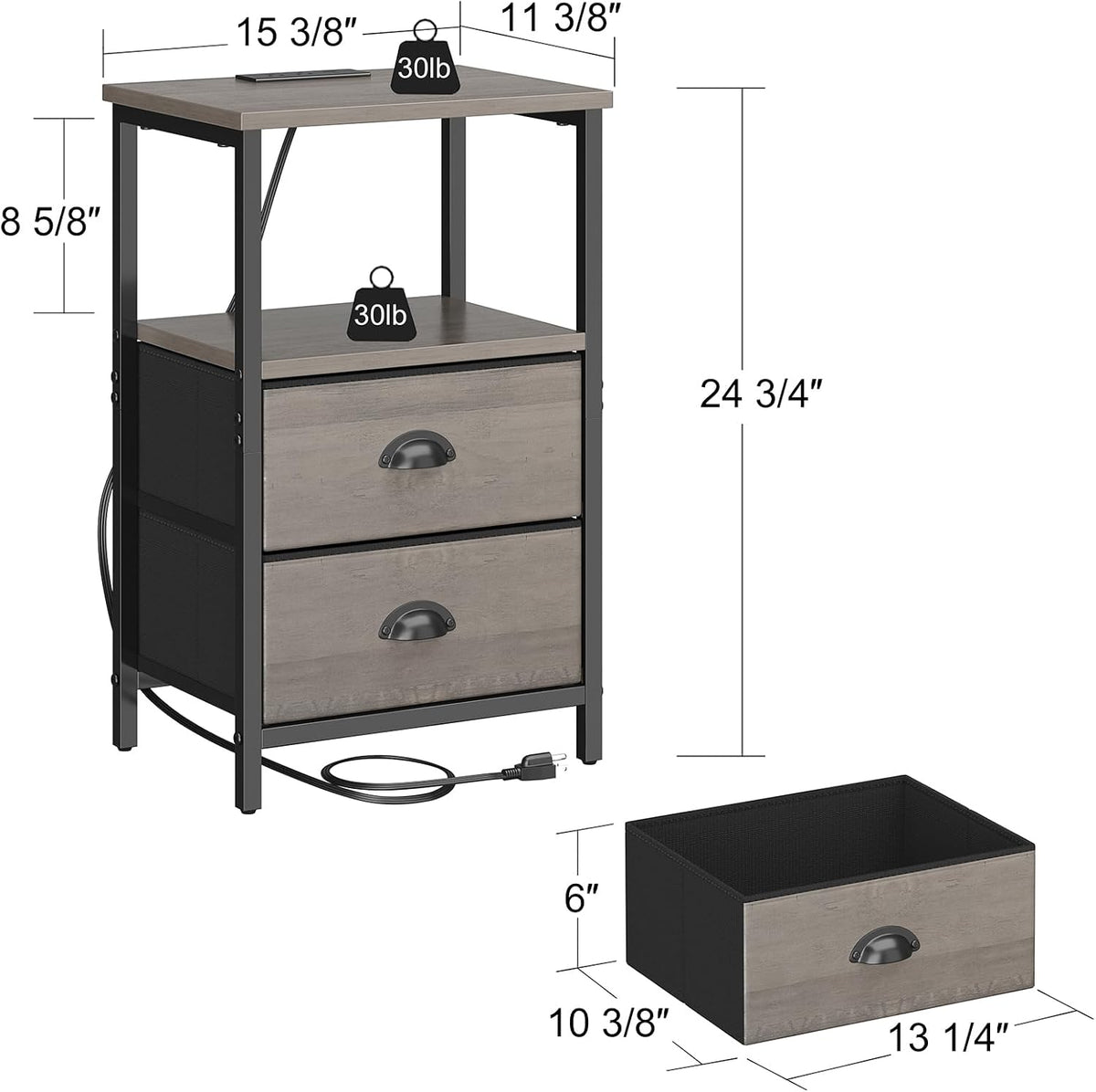 sthmec Nightstand with Charging Station, LED Night Stand Set of 2, Bedside Table End Table with Drawer, Bedroom Tables with 2 Fabric Drawers, 3-Tier Storage Side Table for Bedroom,Grey