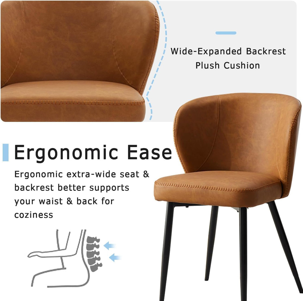 Dining Chairs Set of 2, Caramel Brown Mid-Century Modern Faux Leather Upholstered Chairs, Ergonomic Curved Backrest, Metal Legs, Easy-to-Clean for Kitchen, Dining Room, Living Room