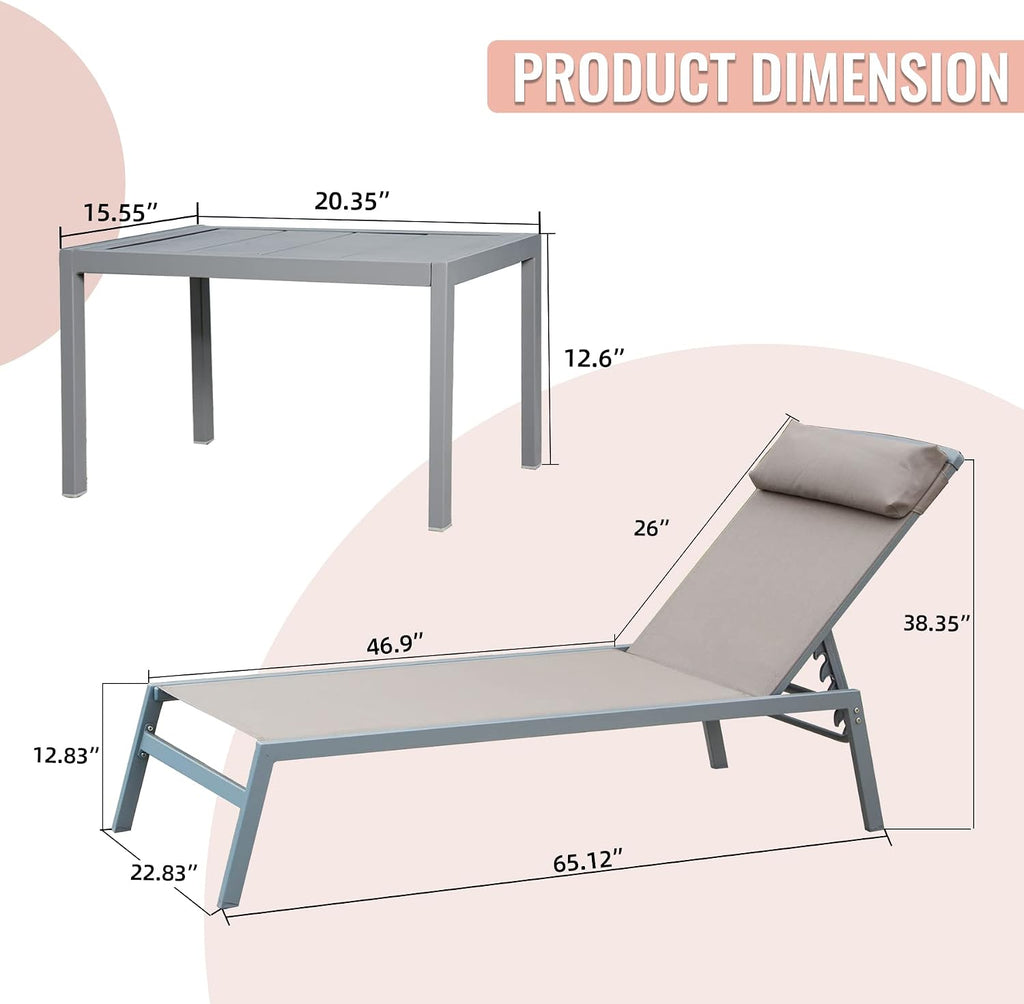 Domi Patio Chaise Lounge Set of 3, Aluminum Lounge Chairs with 5 Adjustable Positions, Outdoor Chaise Lounge for Pool, Deck, Garden, Backyard, Sunbathing, Khaki