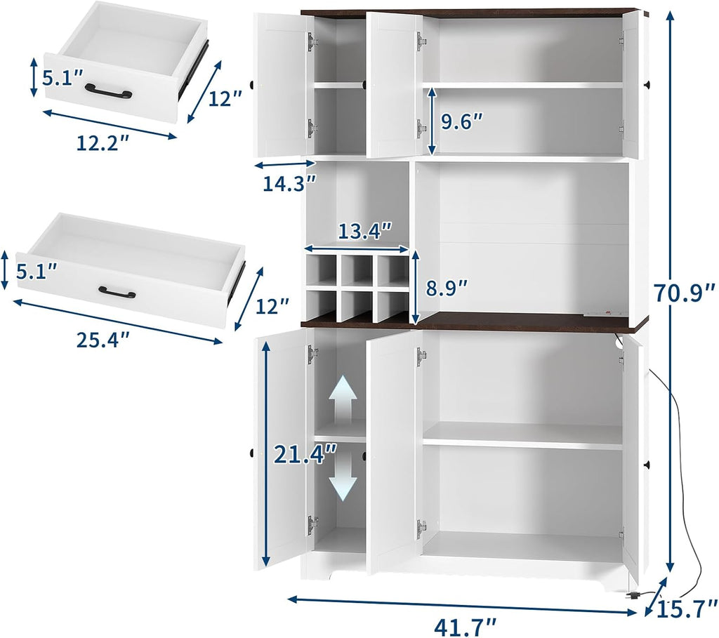 71" Tall Freestanding Farmhouse Pantry Cabinet with Wine Rack, Coffee Bar, Microwave Stand, Adjustable Shelves, Charging Station – Kitchen Hutch for Dining Room or Home Bar Storage Cabinet
