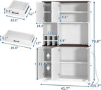71" Tall Freestanding Farmhouse Pantry Cabinet with Wine Rack, Coffee Bar, Microwave Stand, Adjustable Shelves, Charging Station – Kitchen Hutch for Dining Room or Home Bar Storage Cabinet