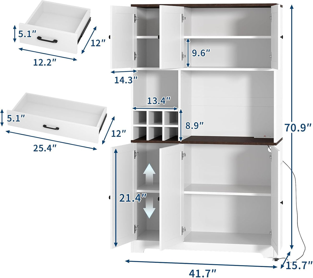 71" Tall Freestanding Farmhouse Pantry Cabinet with Wine Rack, Coffee Bar, Microwave Stand, Adjustable Shelves, Charging Station – Kitchen Hutch for Dining Room or Home Bar Storage Cabinet