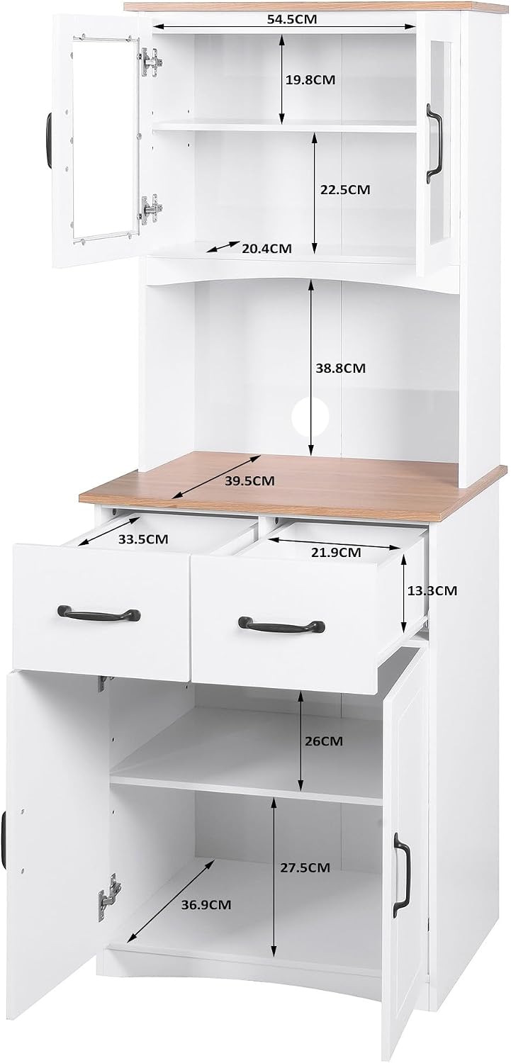 Kitchen Pantry Storage Cabinet with Framed Glass Doors and Drawer, Microwave Stand with Adjustable Shelves, Freestanding Cupboard for Kitchen, Dining Room or Apartment