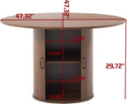 Round Dining Table with Storage Cabinet, Wood Kitchen Table with Double Doors & 2-Tier Storage Shelves, Cylindrical Pedestal Table for Small Spaces, Living Room, Seat for 4-6 People, Walnut