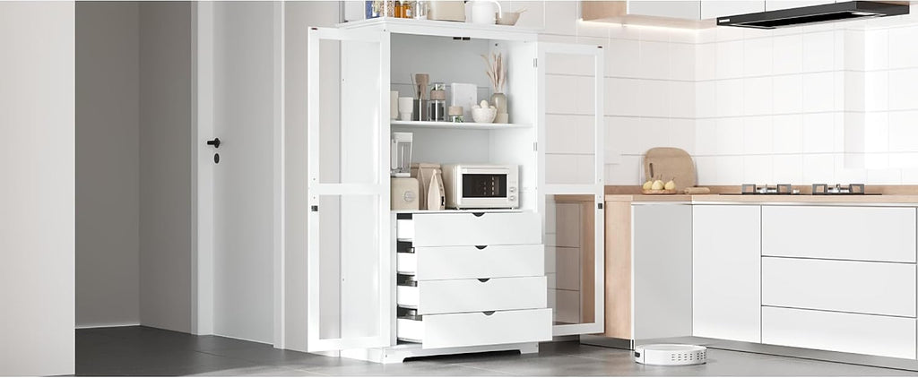 roomfitters 75" Kitchen Pantry, Freestanding Storage Cabinet Display Cabinet with Glass Doors and 4 Drawers, White