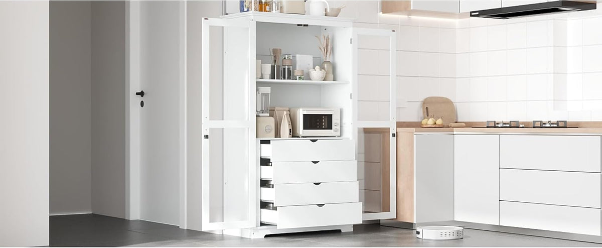 roomfitters 75" Kitchen Pantry, Freestanding Storage Cabinet Display Cabinet with Glass Doors and 4 Drawers, White