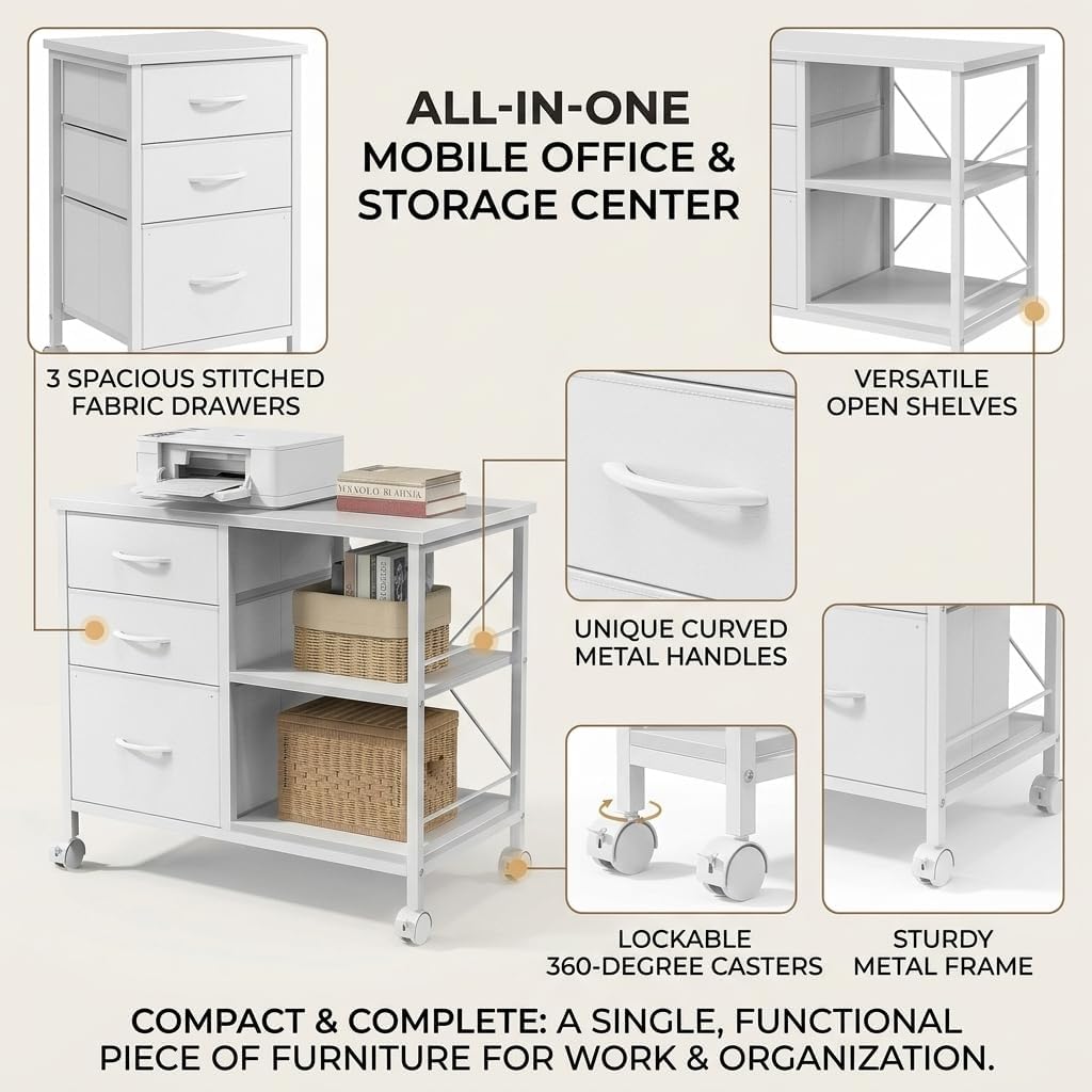 3 Drawer Mobile Filing Cabinet, Industrial White Office Storage Cabinet with Open Shelf, Under Desk Printer Stand with Casters for Home Office, Letter & Legal Size Files