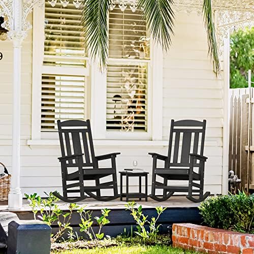 LUE BONA Outdoor Rocking Chairs Set, 3-Piece, HDPS Poly Porch Rockers with Table, Plastic Weather Resistant Rocking Chair Set for Outdoor Indoor, Garden, Backyard, 350lb, Black Chairs+Table
